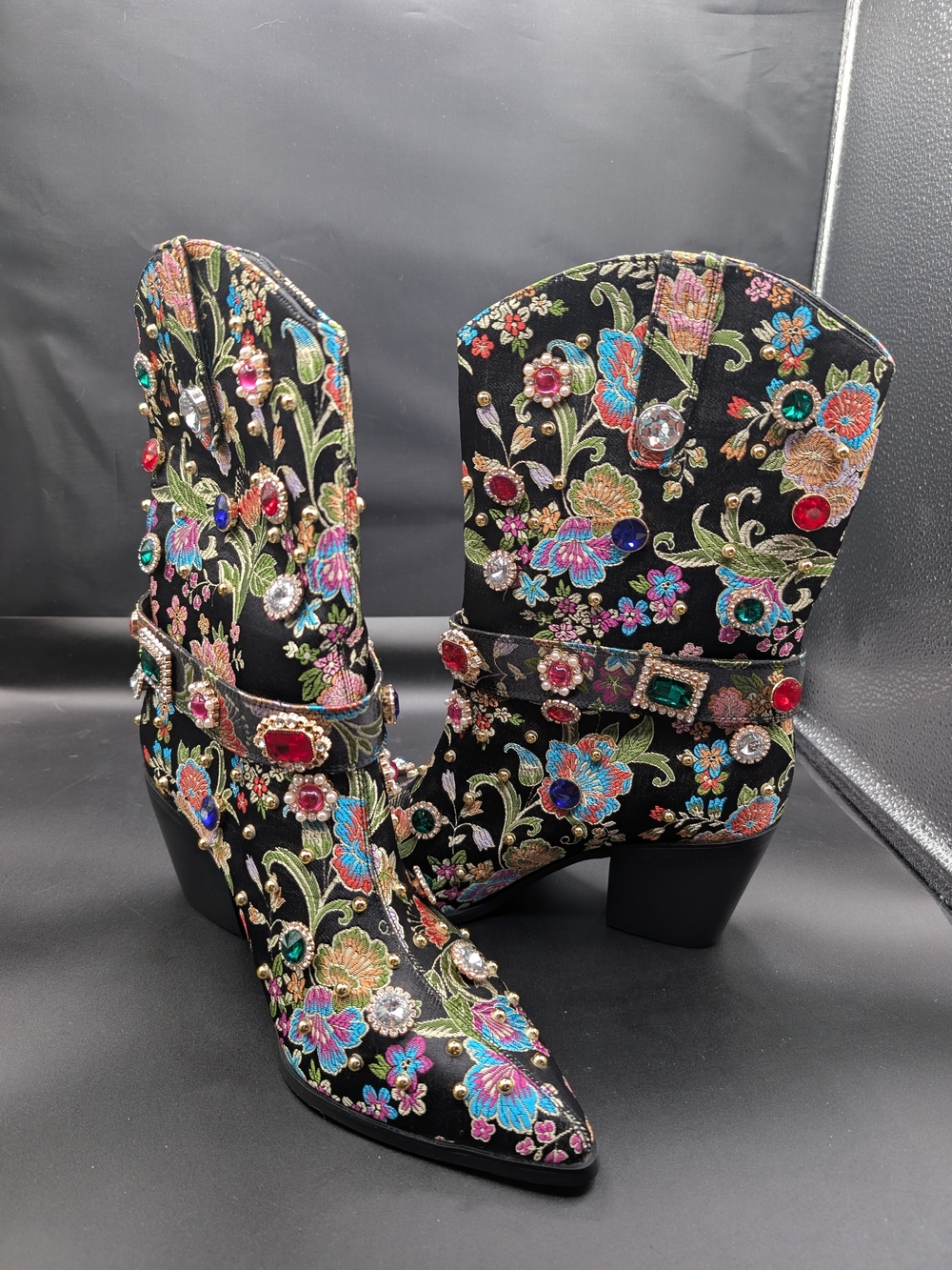 Embellished Floral Black Ankle Boots - Women's